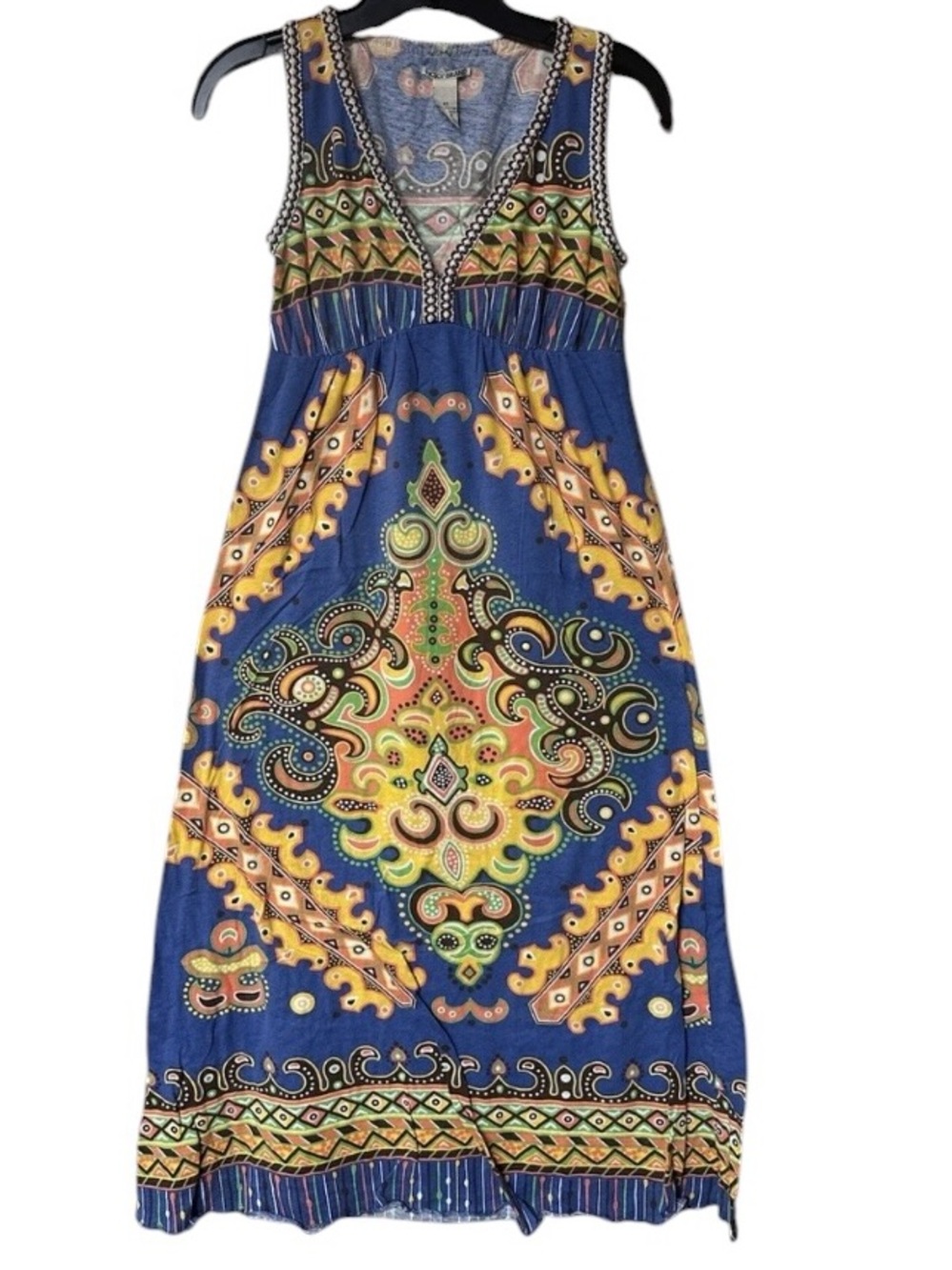 Vintage Lucky Brand Blue Maxi Dress with Multicolor Bohemian Print small
